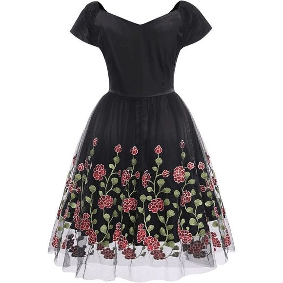 🌸 NWT Off Shoulder Retro Pinup Vintage 1950s Mesh Floral Embroidered Dress XL - Picture 6 of 16